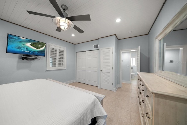bedroom with baseboards, light tile patterned floors, recessed lighting, and a ceiling fan