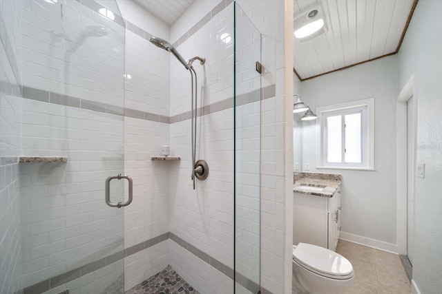 bathroom with a stall shower, tile patterned flooring, vanity, and toilet