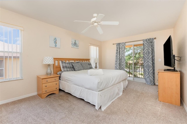 bedroom with access to outside, light carpet, baseboards, and ceiling fan