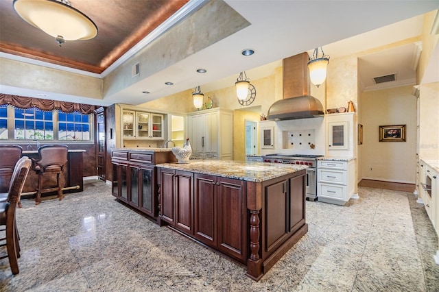 2769 St Andrews Blvd, Tarpon Springs, FL 34688 - kitchen featuring island range hood, high end stainless steel range, baseboards, a raised ceiling, and ornamental molding