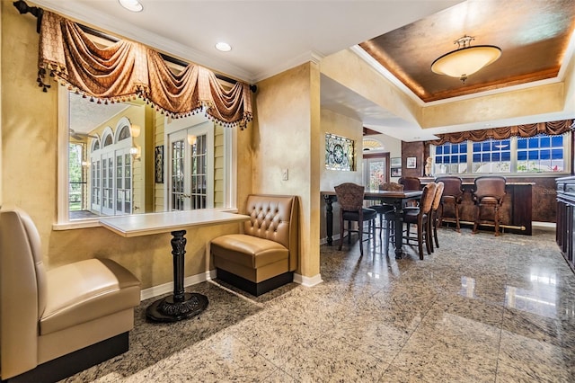 2769 St Andrews Blvd, Tarpon Springs, FL 34688 - dining space featuring granite floors, baseboards, ornamental molding, and recessed lighting