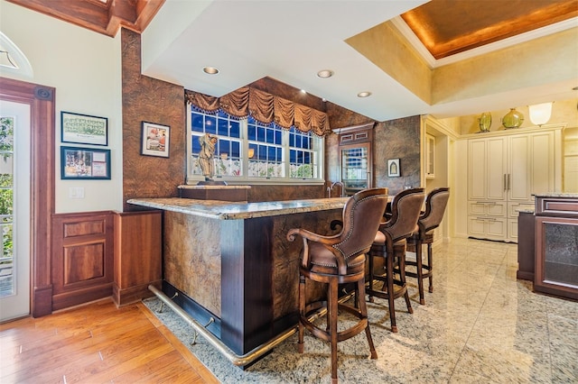 2769 St Andrews Blvd, Tarpon Springs, FL 34688 - indoor bar with a wainscoted wall, ornamental molding, a raised ceiling, and recessed lighting