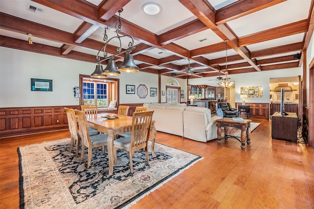 2769 St Andrews Blvd, Tarpon Springs, FL 34688 - dining space featuring beam ceiling, coffered ceiling, light wood-style flooring, wainscoting, and a ceiling fan