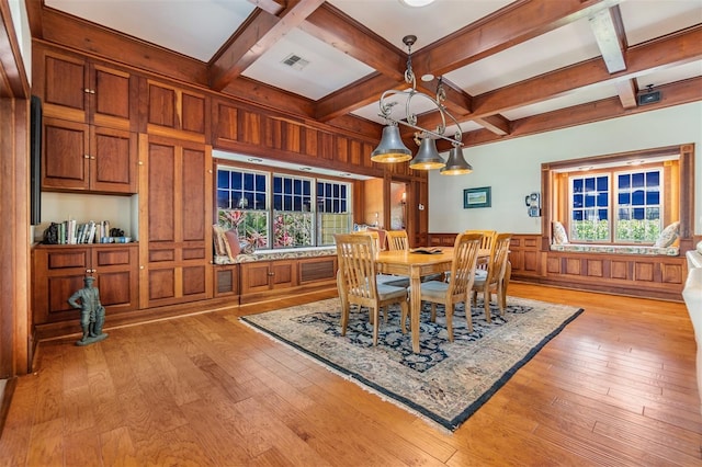 2769 St Andrews Blvd, Tarpon Springs, FL 34688 - dining area featuring beamed ceiling, light wood-style floors, plenty of natural light, coffered ceiling, and wainscoting