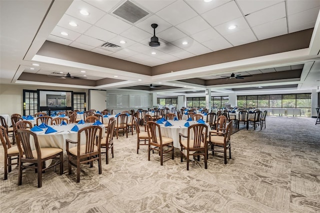 2769 St Andrews Blvd, Tarpon Springs, FL 34688 - dining space with ceiling fan, carpet floors, a raised ceiling, and recessed lighting
