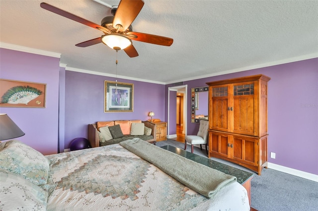 5701 Mariner St Unit 701, Tampa, FL 33609 - bedroom featuring a textured ceiling, carpet, ornamental molding, baseboards, and a ceiling fan