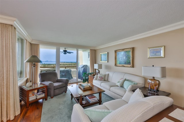 5701 Mariner St Unit 701, Tampa, FL 33609 - living room featuring ornamental molding, wood finished floors, and ceiling fan