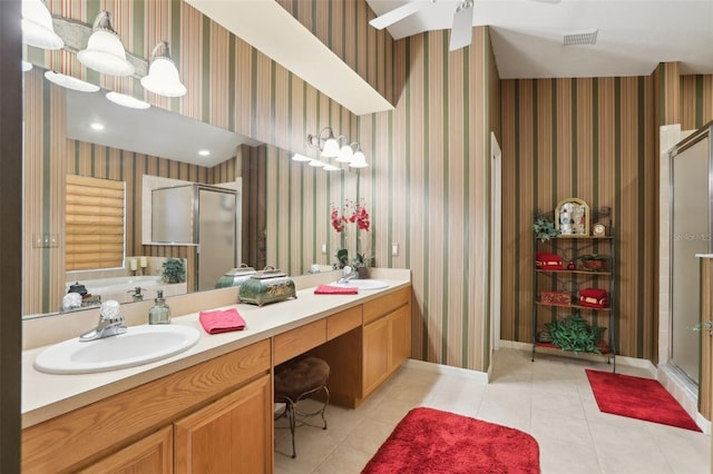 13813 Sigler St, Riverview, FL 33579 - full bath featuring double vanity, tile patterned flooring, a shower stall, and a sink