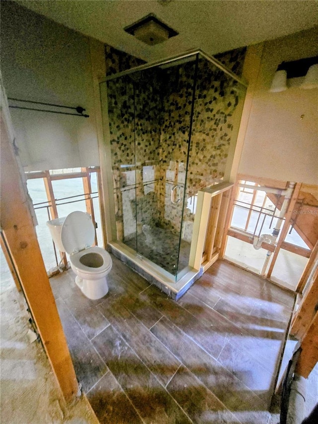 bathroom featuring a shower stall, toilet, and wood finish floors