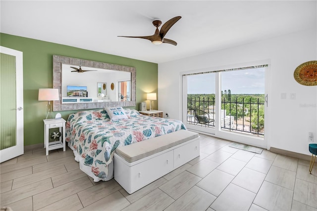 bedroom with access to outside, baseboards, and ceiling fan