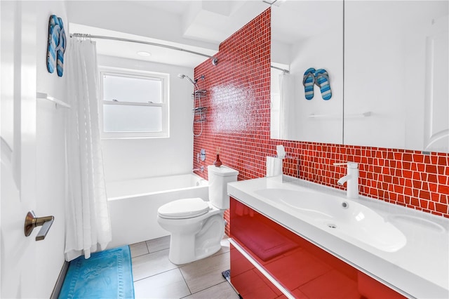full bathroom featuring toilet, shower / tub combo with curtain, vanity, tile walls, and tasteful backsplash