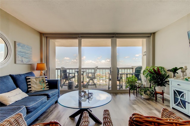400 Island Way Unit 1709, Clearwater Beach, FL 33767 - living room with a wall of windows, plenty of natural light, wood finished floors, and a textured ceiling