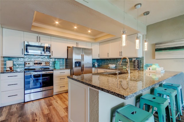 400 Island Way Unit 1709, Clearwater Beach, FL 33767 - kitchen featuring appliances with stainless steel finishes, a sink, a tray ceiling, backsplash, and light wood-style flooring