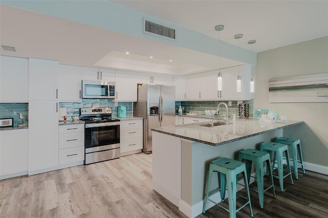 400 Island Way Unit 1709, Clearwater Beach, FL 33767 - kitchen with appliances with stainless steel finishes, a tray ceiling, light wood-style floors, light stone countertops, and backsplash