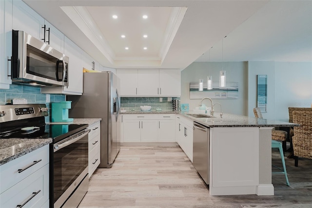 400 Island Way Unit 1709, Clearwater Beach, FL 33767 - kitchen featuring stainless steel appliances, a peninsula, light wood-type flooring, a breakfast bar, and a tray ceiling