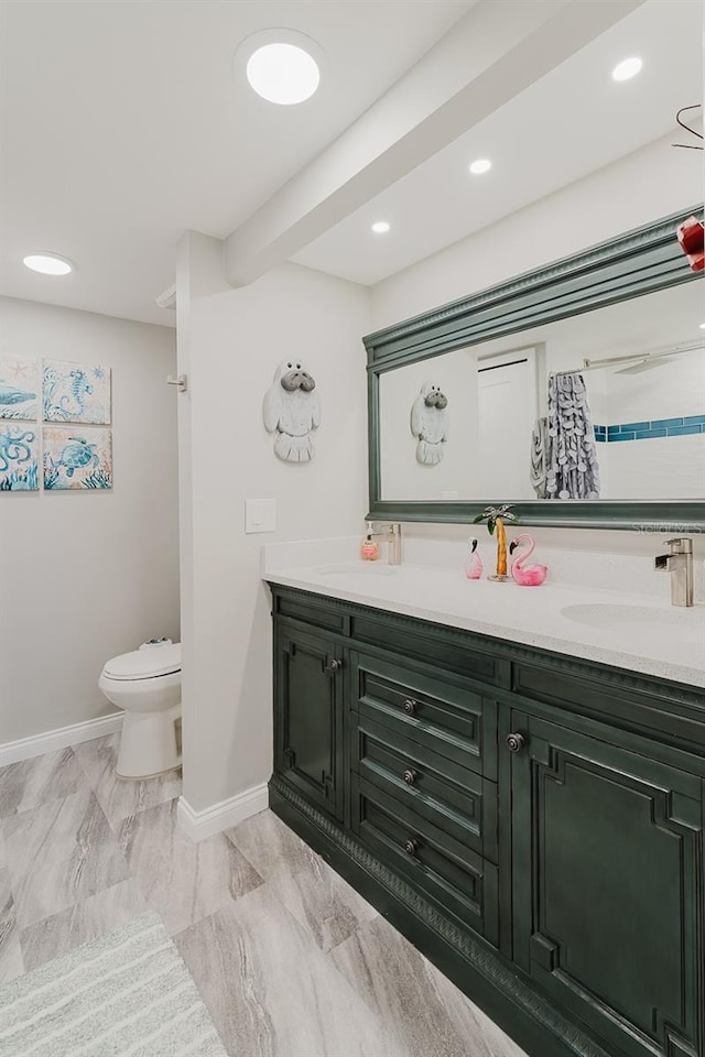 400 Island Way Unit 1709, Clearwater Beach, FL 33767 - bathroom with double vanity, marble finish floors, a shower with shower curtain, and recessed lighting