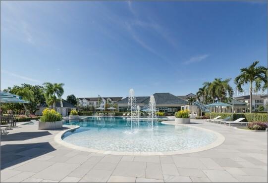 community pool with a residential view