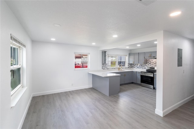 5210 S 80th St, Tampa, FL 33619 - kitchen with stainless steel electric range, gray cabinetry, light wood-style floors, a peninsula, and recessed lighting