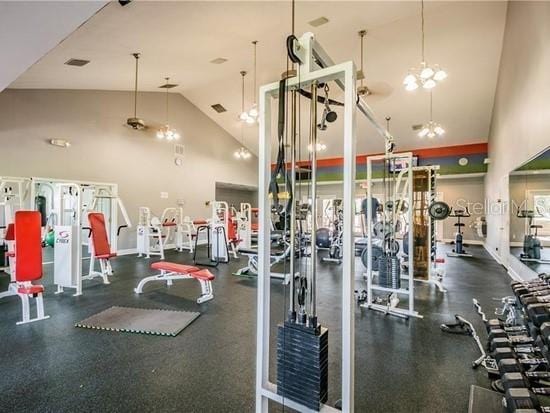 workout area with high vaulted ceiling