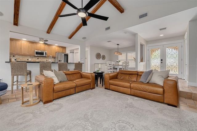 315 Ridge Rd, Palm Harbor, FL 34683 - living room featuring ceiling fan, recessed lighting, and french doors