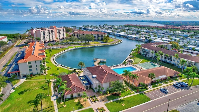 aerial view of a large body of water and a pool area