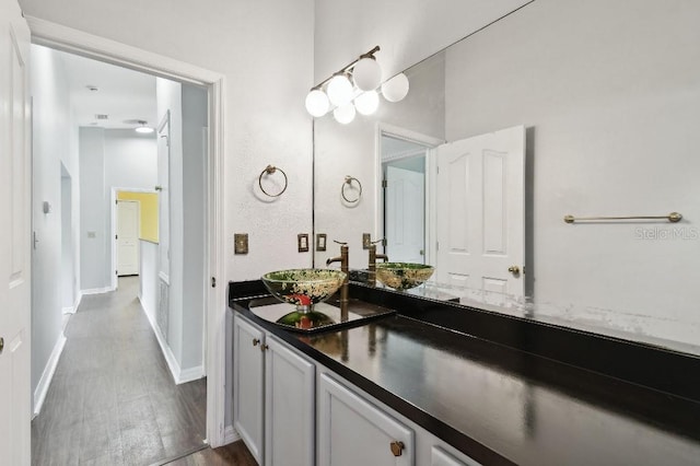 27012 Sea Breeze Way, Wesley Chapel, FL 33544 - bathroom featuring wood finished floors, vanity, and baseboards