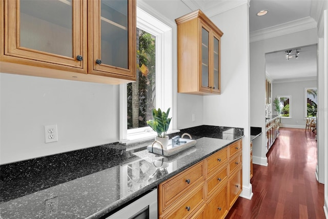 kitchen with crown molding, dark wood finished floors, healthy amount of natural light, dark stone countertops, and glass insert cabinets