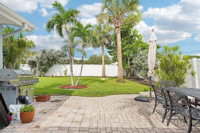 6010 Bayou Grande Blvd NE, Saint Petersburg, FL 33703 - fenced backyard with a patio area, outdoor dining space, and a grill