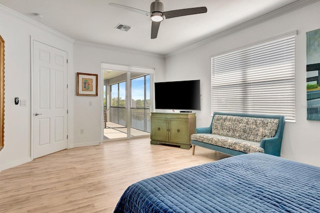 915 Tidewater Shores Loop, Bradenton, FL 34208 - bedroom with light wood-type flooring, ornamental molding, access to outside, ceiling fan, and baseboards