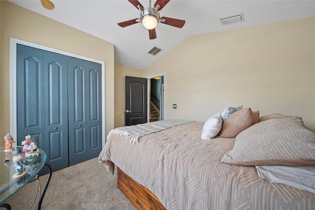 35819 Diamond Head Ct, Zephyrhills, FL 33541 - carpeted bedroom featuring vaulted ceiling, a closet, and ceiling fan