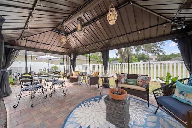 35819 Diamond Head Ct, Zephyrhills, FL 33541 - view of patio / terrace featuring an outdoor living space, a gazebo, and a fenced backyard
