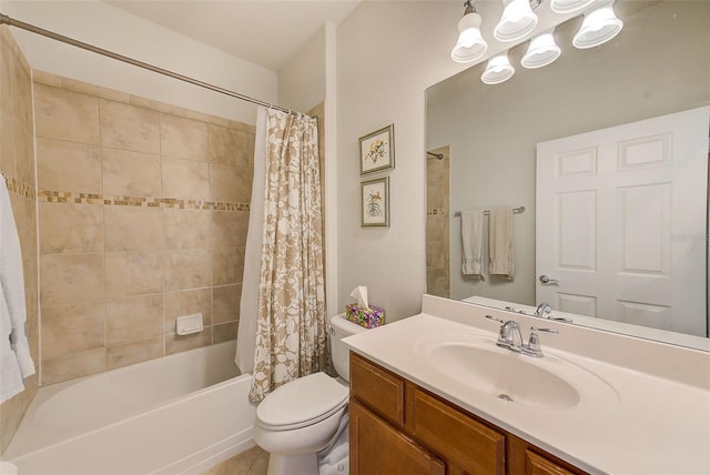 bathroom with toilet, shower / bathtub combination with curtain, vanity, and a chandelier