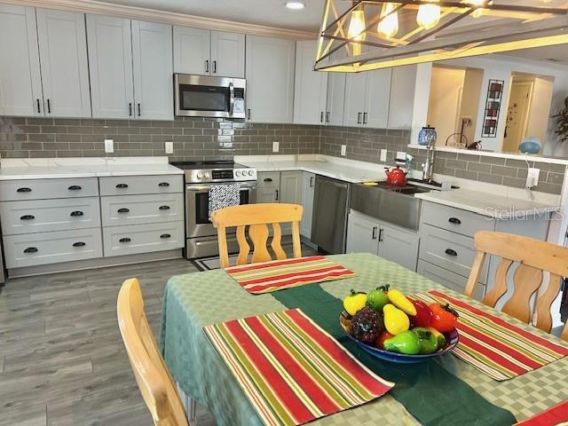 kitchen featuring appliances with stainless steel finishes, a sink, decorative backsplash, light countertops, and light wood-type flooring