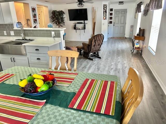 dining room featuring light wood finished floors, baseboards, and a ceiling fan