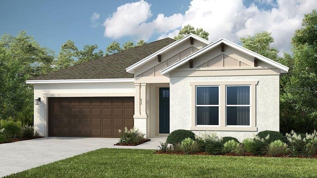 view of front of property featuring driveway, a garage, stucco siding, a front yard, and a shingled roof