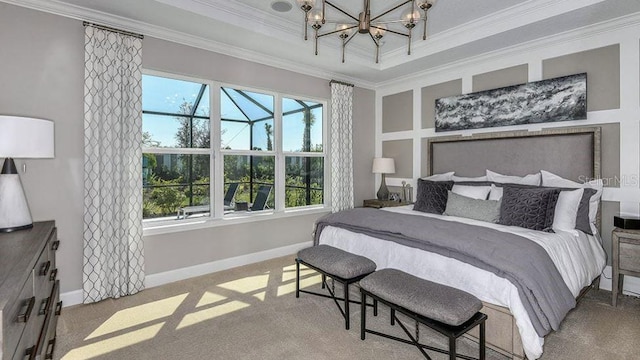 bedroom with baseboards, ornamental molding, an inviting chandelier, and carpet floors
