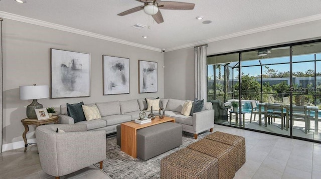 living room with recessed lighting, crown molding, visible vents, and ceiling fan
