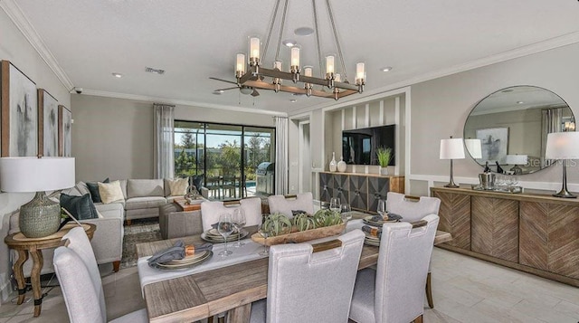 dining room featuring recessed lighting, ornamental molding, a chandelier, and visible vents