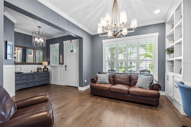 3611 W Royal Palm Cir, Tampa, FL 33629 - living room featuring a chandelier, dark wood finished floors, ornamental molding, and baseboards