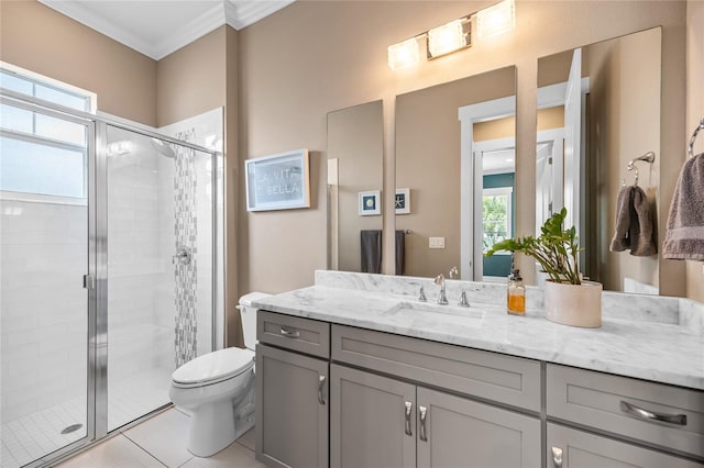 3611 W Royal Palm Cir, Tampa, FL 33629 - bathroom featuring a stall shower, toilet, vanity, ornamental molding, and tile patterned floors