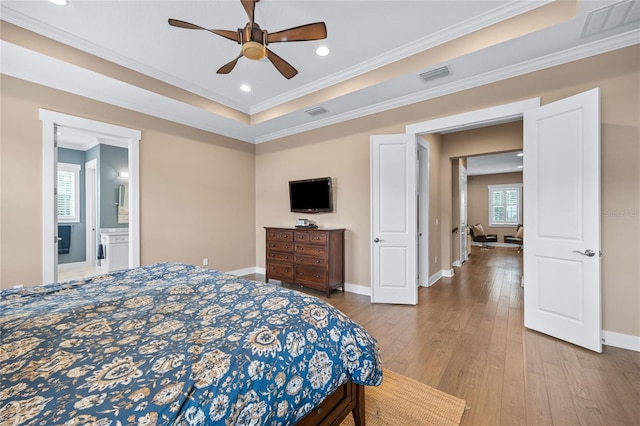 3611 W Royal Palm Cir, Tampa, FL 33629 - bedroom with crown molding, wood-type flooring, baseboards, recessed lighting, and ceiling fan