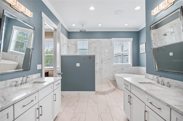 3611 W Royal Palm Cir, Tampa, FL 33629 - bathroom featuring marble finish flooring, plenty of natural light, crown molding, a marble finish shower, and recessed lighting