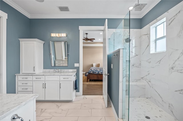 3611 W Royal Palm Cir, Tampa, FL 33629 - bathroom featuring marble look tile flooring, a marble finish shower, ornamental molding, a ceiling fan, and ensuite bath