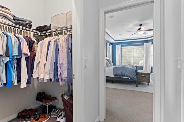 spacious closet with carpet floors and ceiling fan