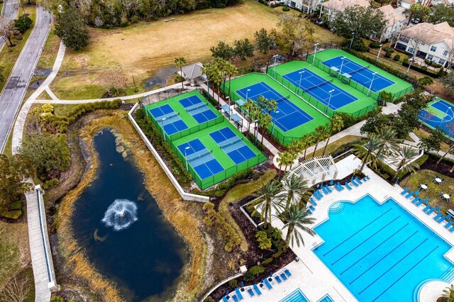 aerial view of a large body of water and a pool