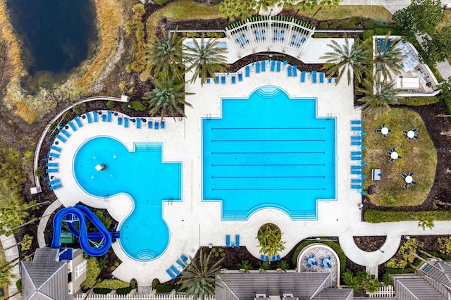 drone / aerial view of a pool area