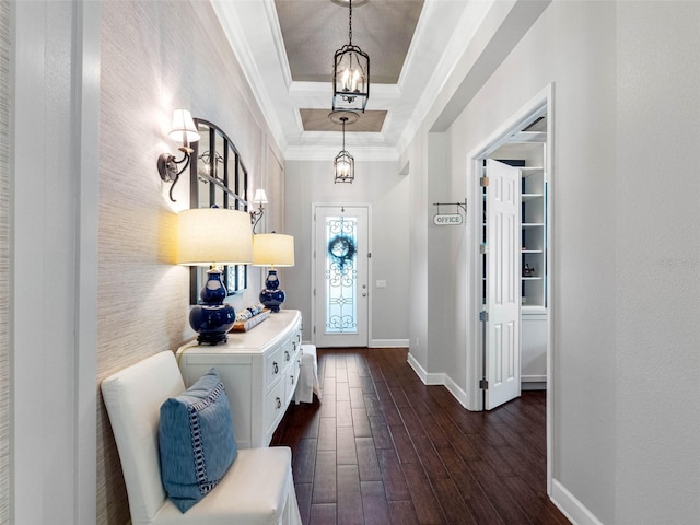 1104 Isobel Reserve Ln, Tampa, FL 33613 - entryway with baseboards, dark wood finished floors, ornamental molding, a raised ceiling, and a chandelier