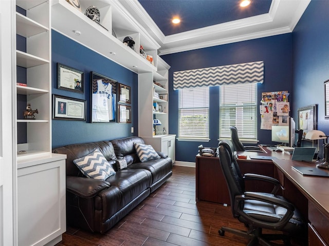 1104 Isobel Reserve Ln, Tampa, FL 33613 - home office featuring ornamental molding, dark wood-style flooring, baseboards, and recessed lighting
