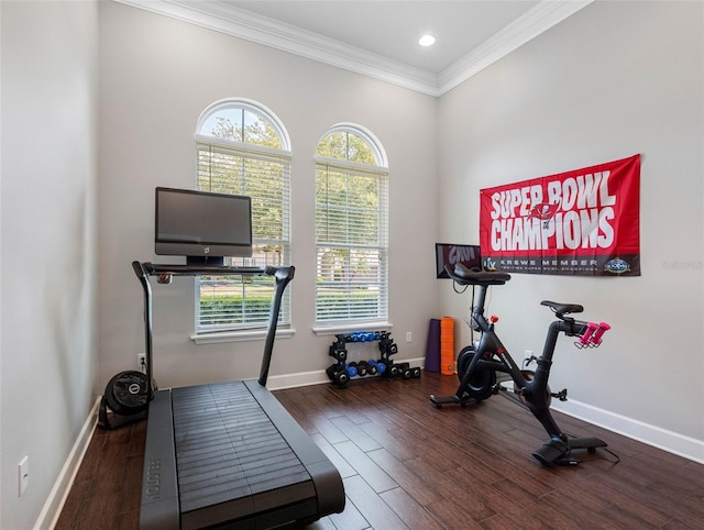 1104 Isobel Reserve Ln, Tampa, FL 33613 - workout area featuring ornamental molding, wood finished floors, baseboards, and recessed lighting