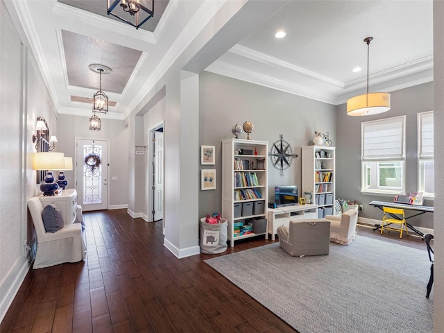 1104 Isobel Reserve Ln, Tampa, FL 33613 - entrance foyer featuring a raised ceiling, baseboards, ornamental molding, and dark wood-style floors